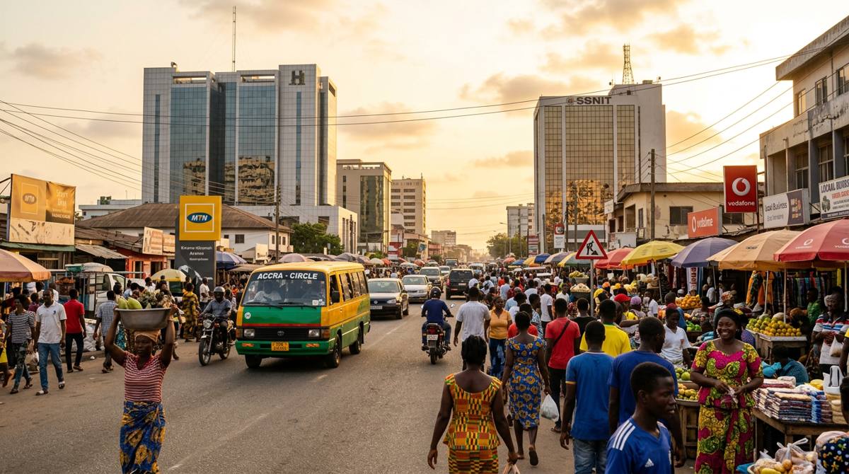 A busy Accra street at sunset, with trotros, market stalls and office towers behind.
