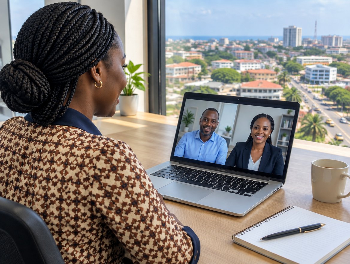 Ama on a video interview with two recruiters on her laptop screen, the city through the window beside her.