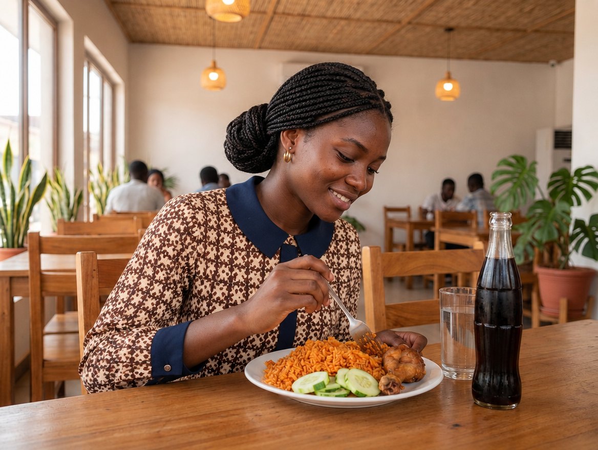 Ama, eyes on her plate, tucks into jollof and chicken at a tidy neighbourhood restaurant, a glass of water and a cold drink beside her.