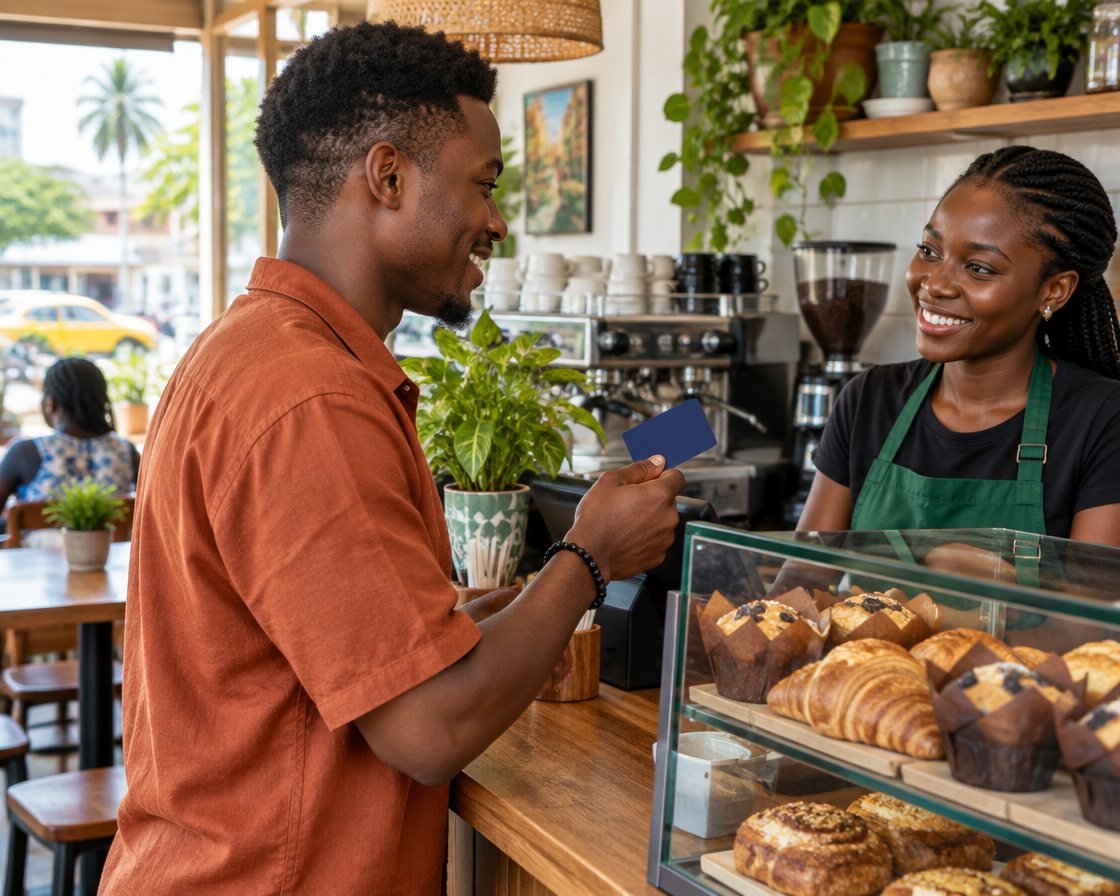 At a neighbourhood cafe counter, a young man in a rust-orange shirt holds up his navy Voscard to a smiling barista in a green apron.