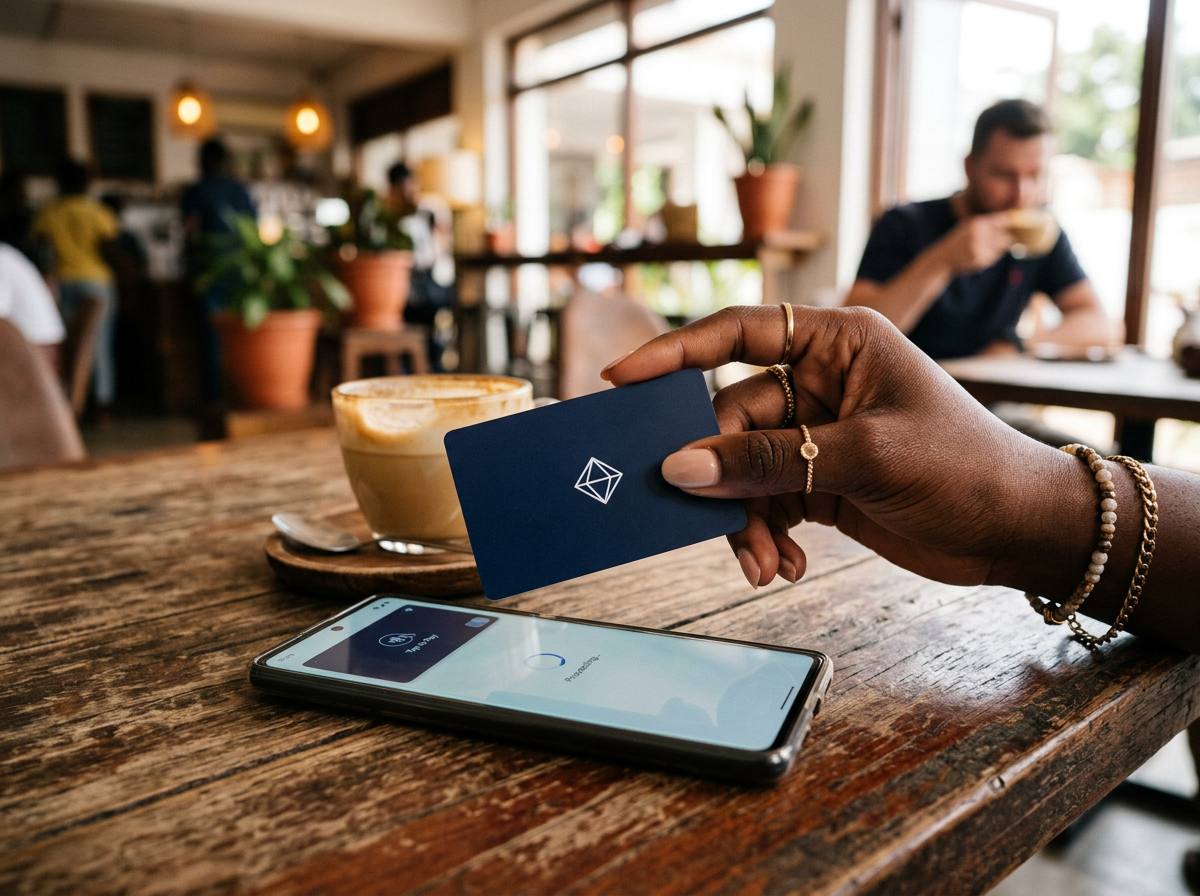 In a café, a hand holds a navy Voscard just above a phone showing the same card in the Vaurse app.