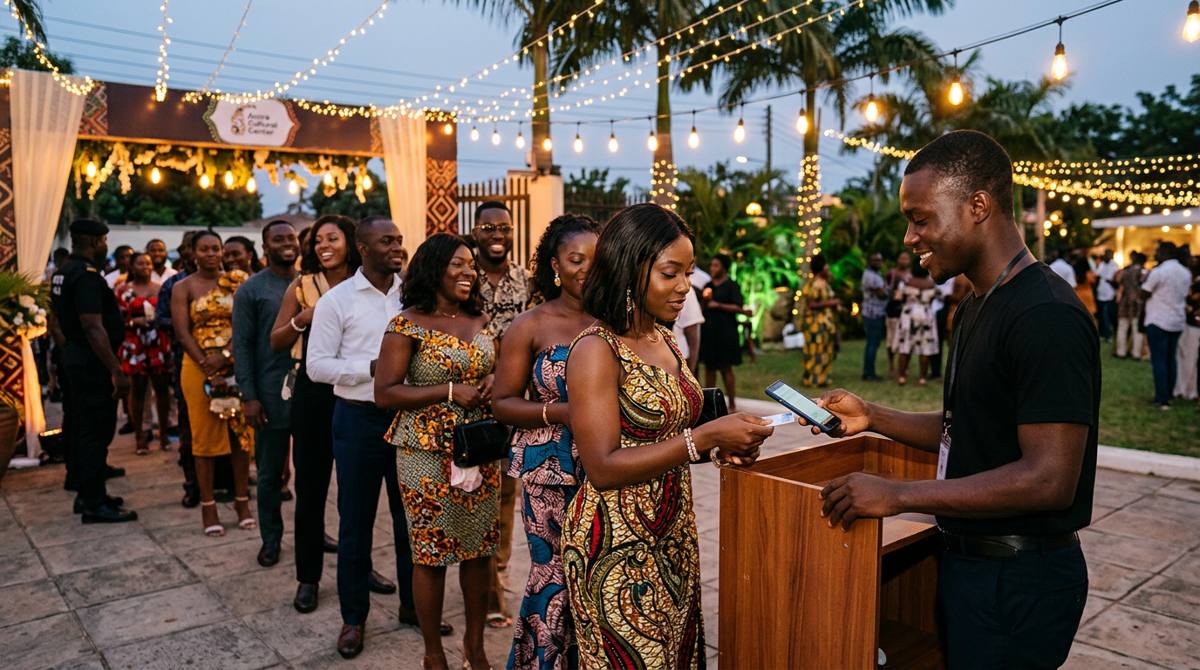 Guests queue at a festive evening event entrance while staff check their passes with phones.