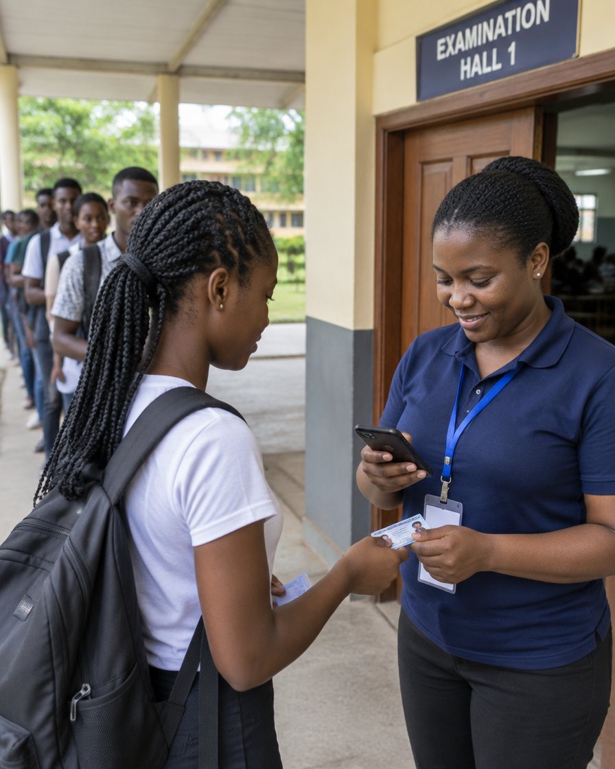 An exam officer in a navy polo checks a student's card on her phone at the door of Examination Hall 1.
