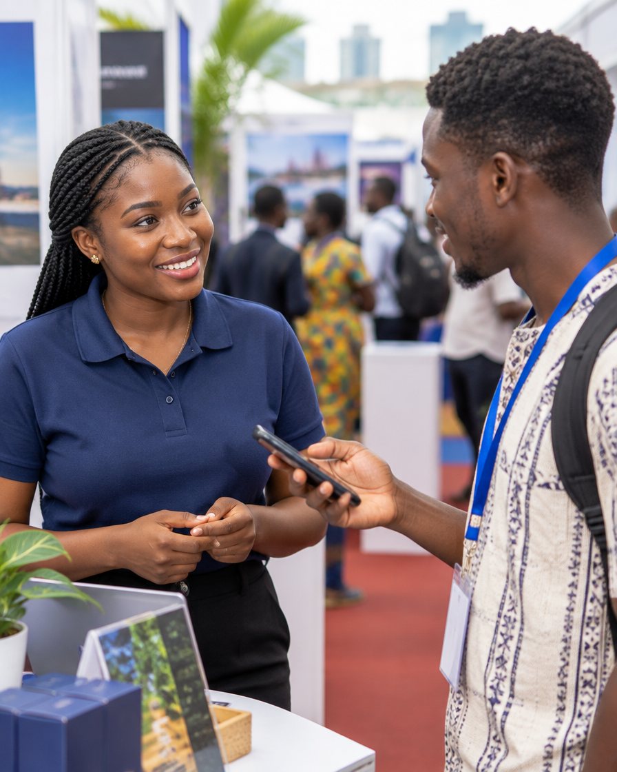 At a business expo, an exhibitor in a navy polo smiles as a visitor wearing an event lanyard holds out his phone.