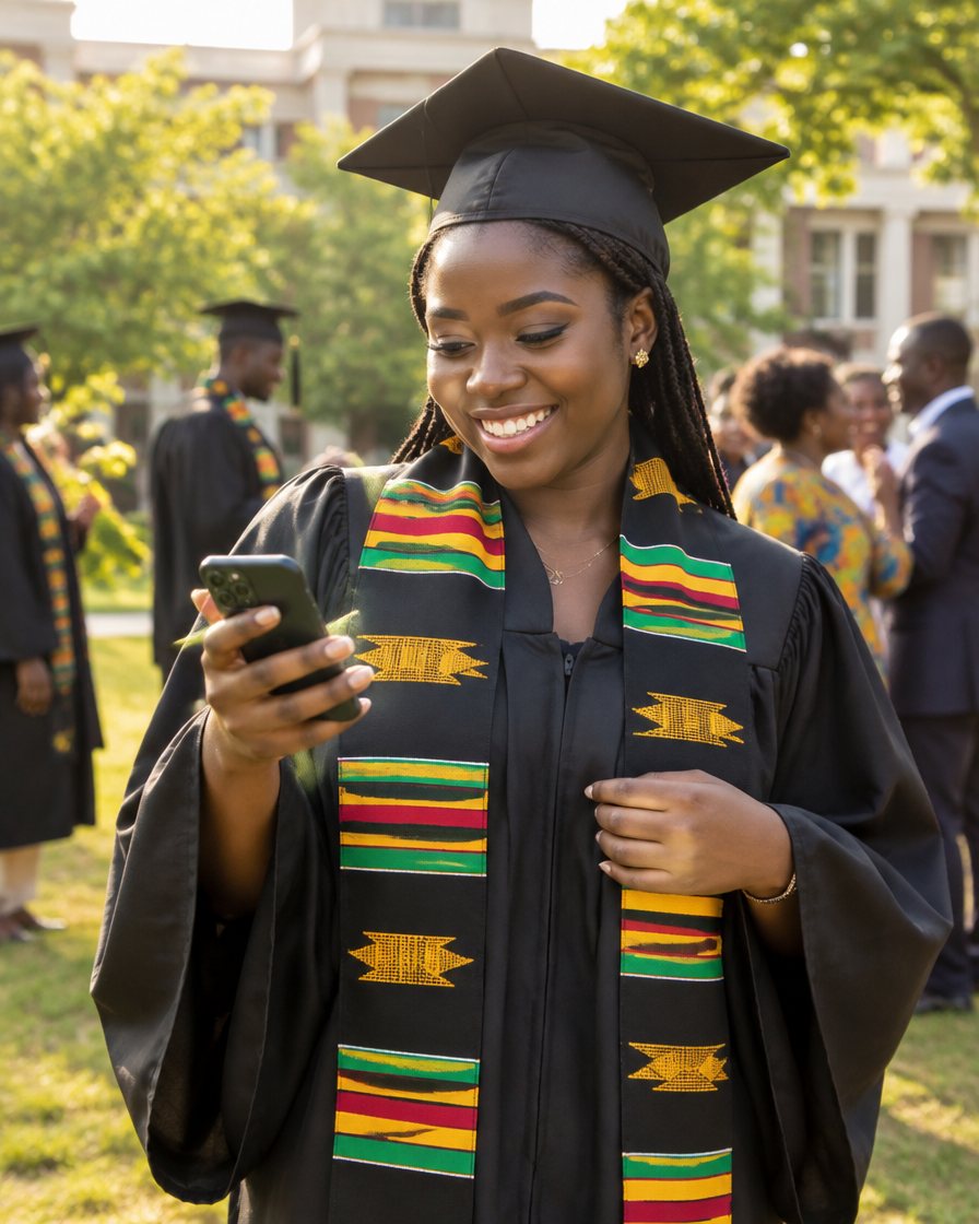 A smiling graduate in gown, cap and kente stole looks at her record on her phone on campus.