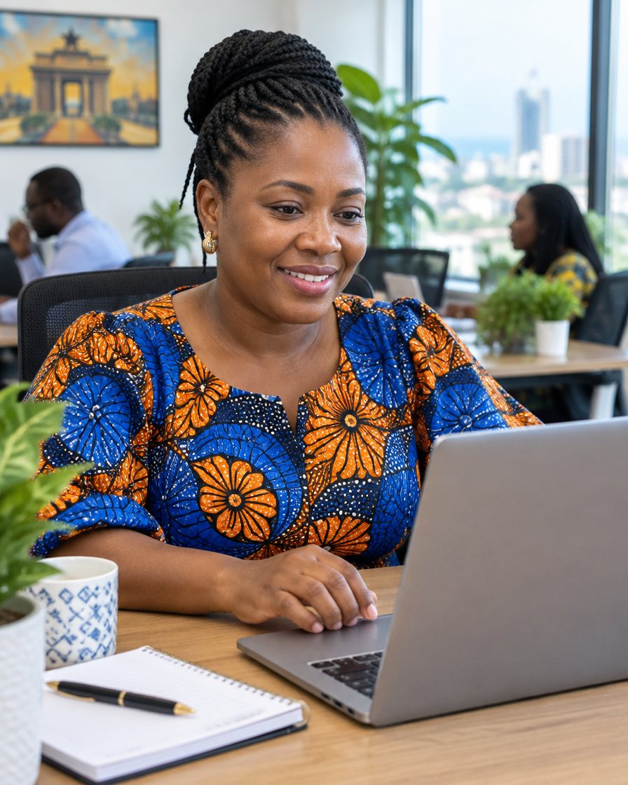 A smiling HR manager in a blue and orange print top reviews candidates on her laptop at her desk.