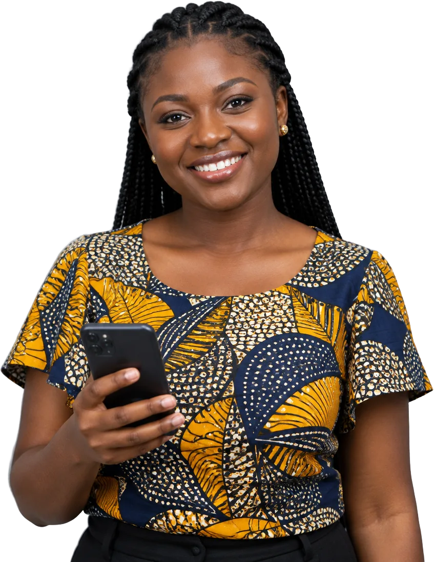 A smiling woman in an African print top holding her phone.