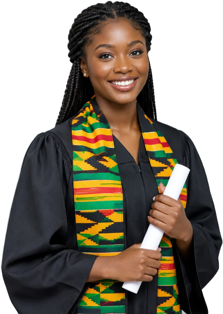 A smiling graduate in a black gown and kente stole, holding her certificate.