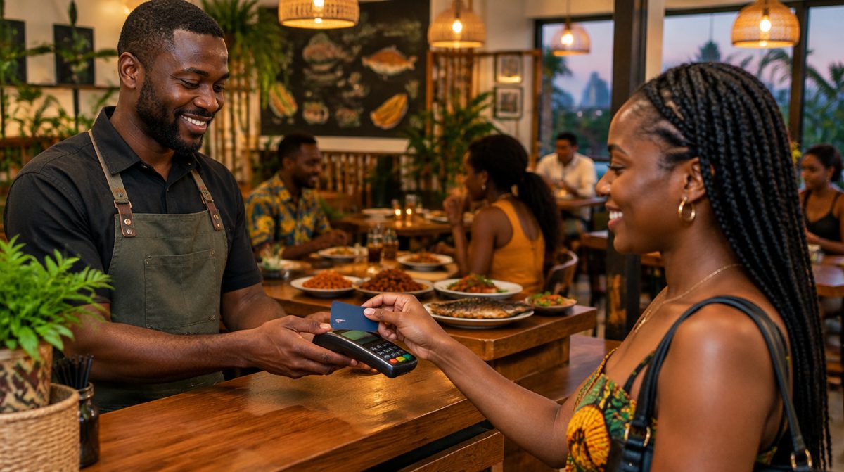 At a restaurant counter in Accra, a customer taps her Voscard on the owner's reader to claim a members' discount.