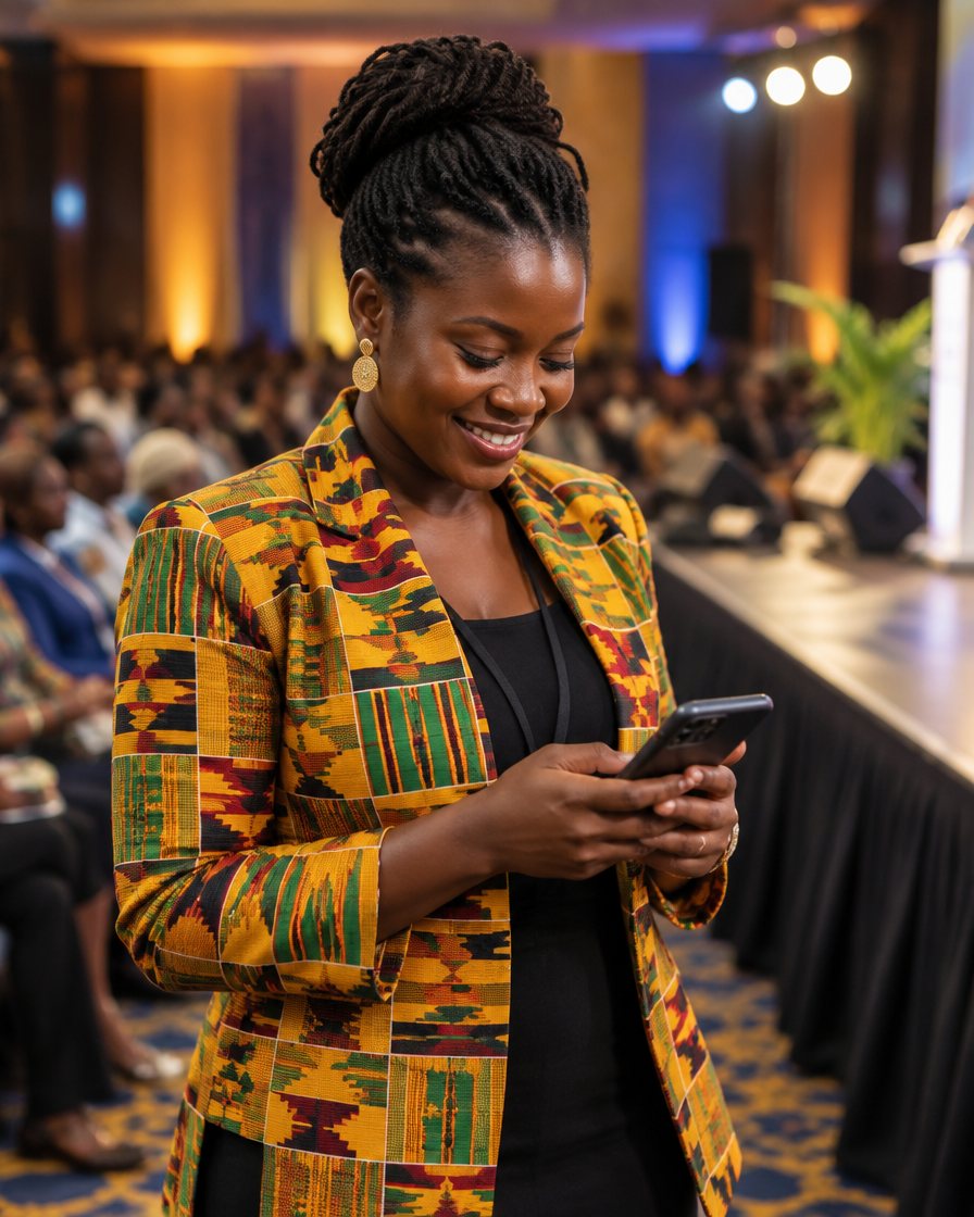 A speaker in a kente-print jacket smiles at her phone beside a lit stage, with the audience behind her.