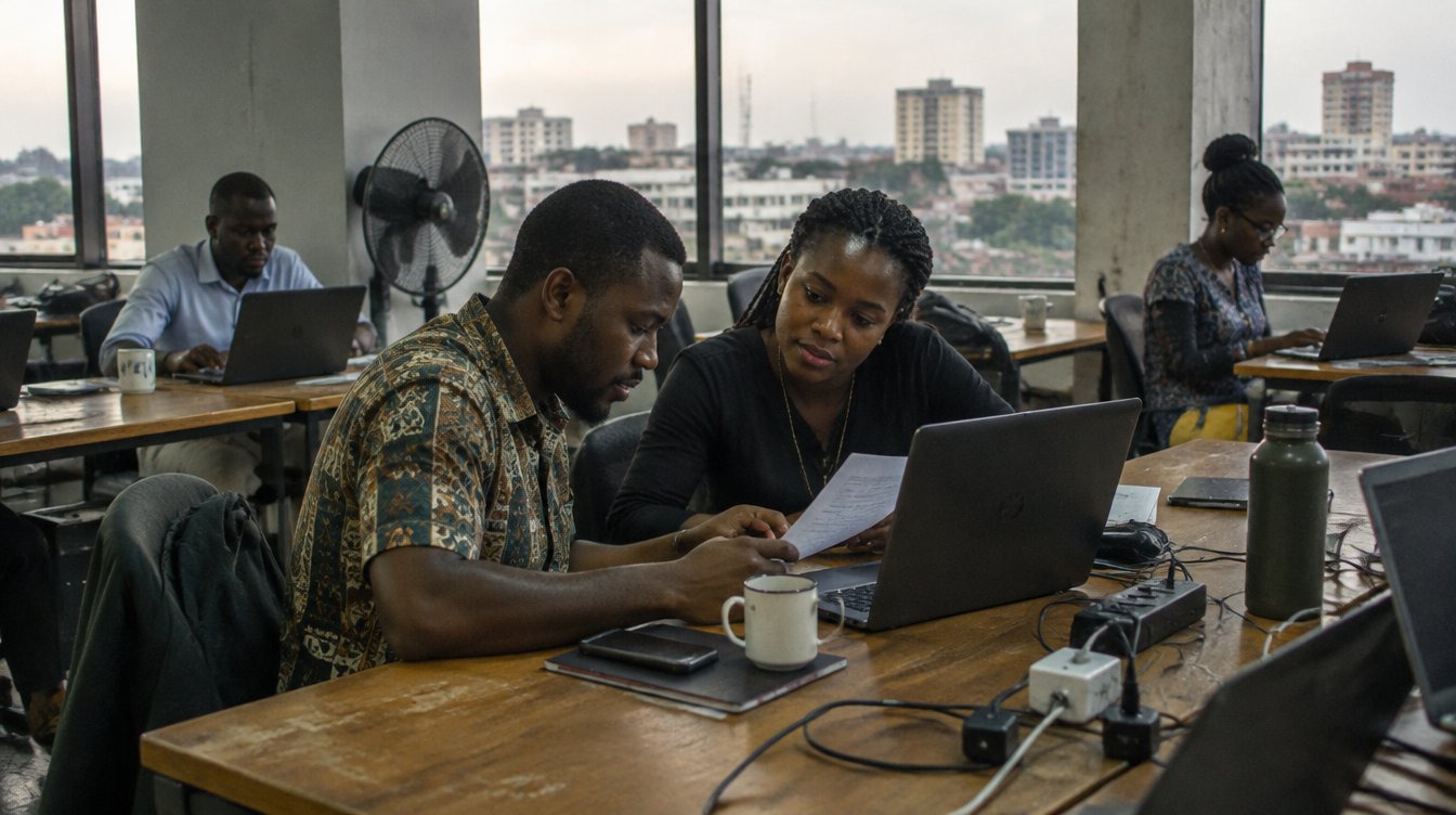 An ordinary open-plan office in Accra, Ghana, late afternoon: a mixed team of Ghanaian staff at desks with laptops, two people talking over a printout, cables, mugs and a standing fan, city buildings through the windows.