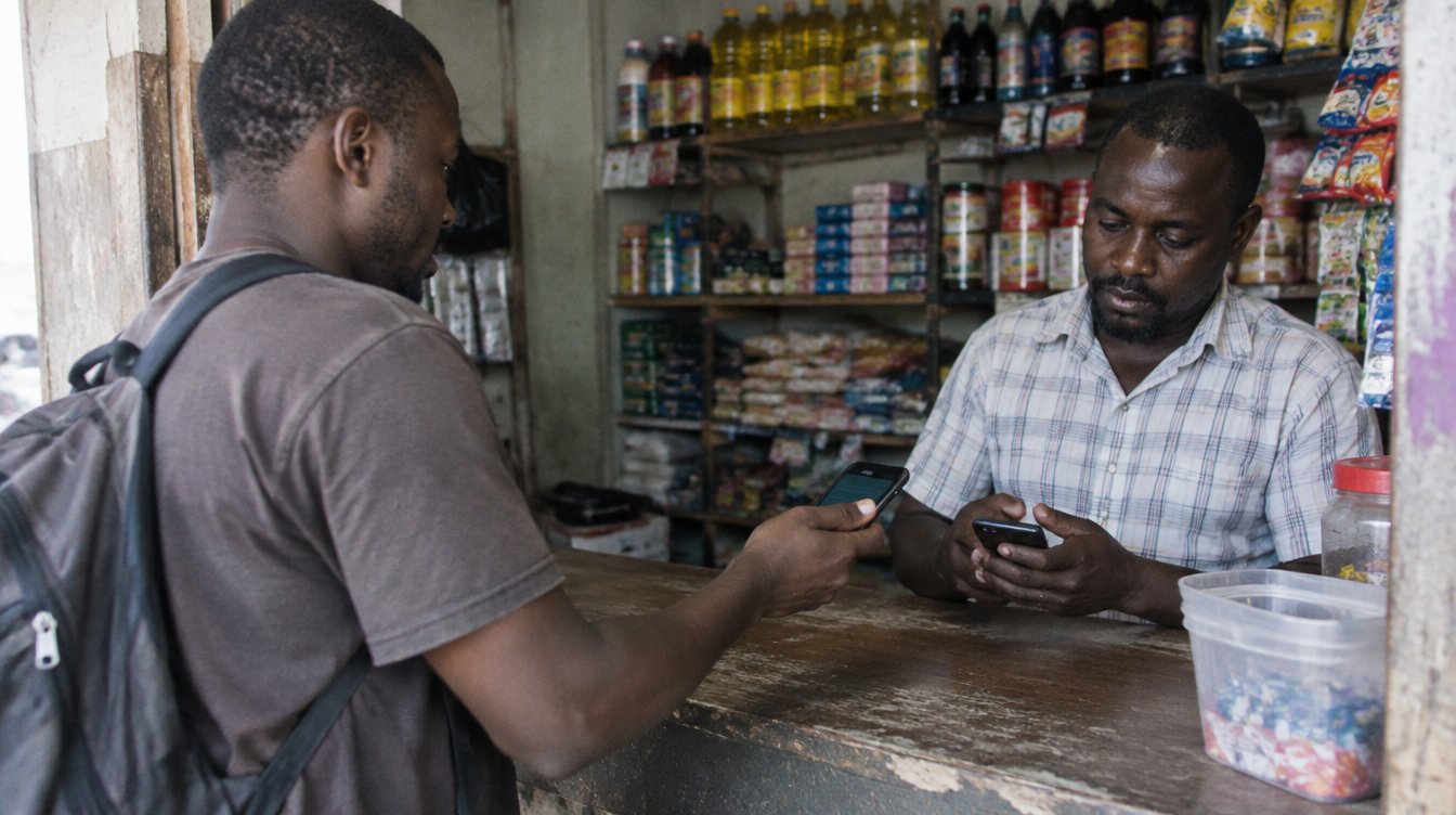 A Ghanaian man at the counter of a small neighbourhood provisions shop in Accra, holding his phone towards the shopkeeper's phone, shelves of everyday goods behind.