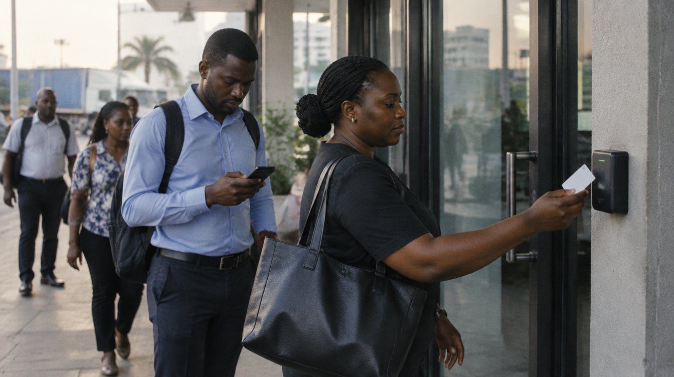 The entrance of a busy logistics office in Accra, Ghana, early morning: Ghanaian staff in work clothes arrive, one woman holds a plain card up to a small reader by the door while a colleague behind her checks his phone.
