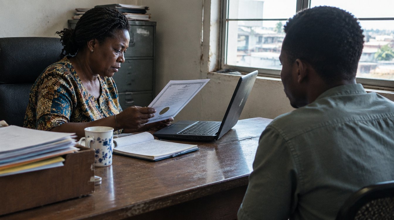 A Ghanaian HR officer at a desk in a modest Accra office, comparing a printed certificate with a laptop screen, a candidate seated opposite.