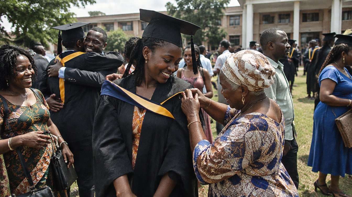 A university congregation in Ghana: Ghanaian graduates in gowns and caps laugh and hug family members on a sunny lawn outside a campus hall, a grandmother adjusting a graduate's hood.