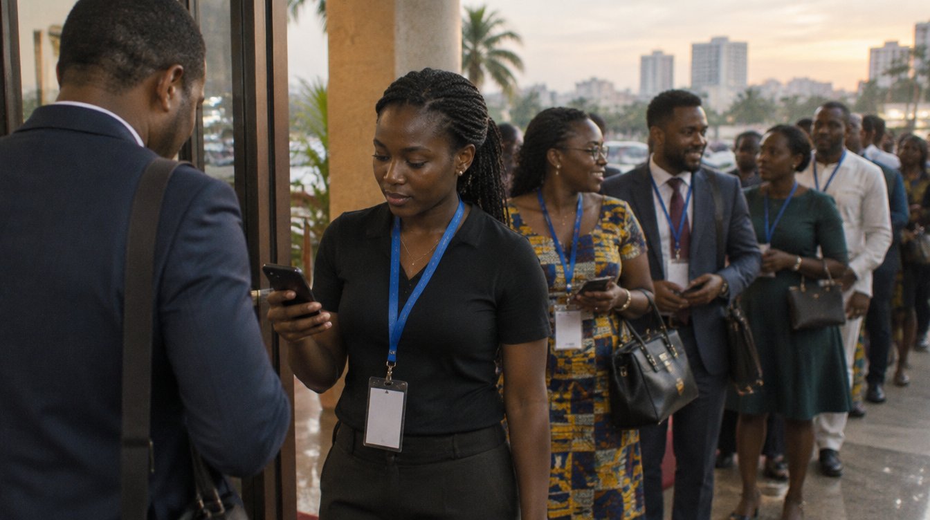 The entrance of a conference hall in Accra, Ghana: a young Ghanaian volunteer holds up her phone to check in an arriving guest, while a queue of smartly dressed Ghanaian attendees chats behind them.