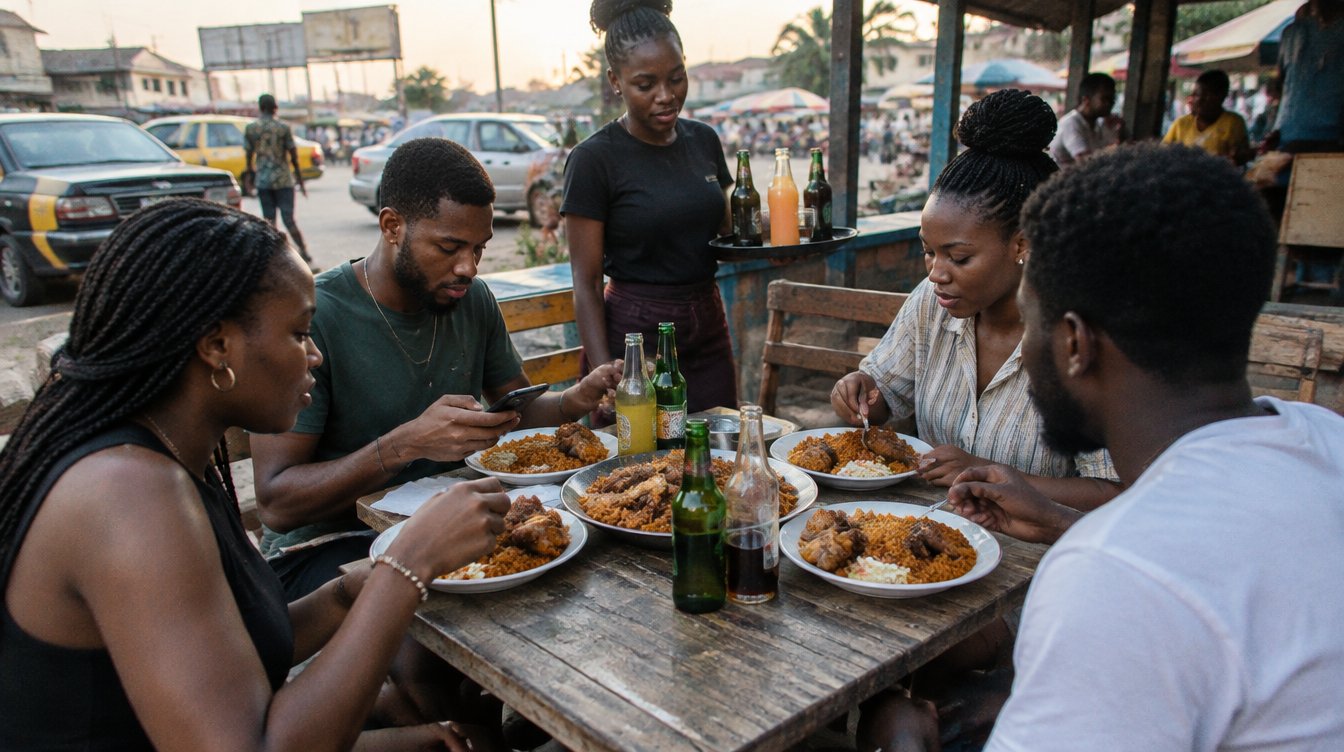 Friends sharing plates of jollof at an open-air chop bar in Osu, Accra, late afternoon, one of them glancing at a phone, a server bringing drinks.