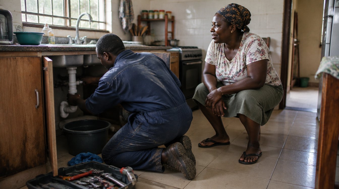 A home kitchen in Accra, Ghana: a Ghanaian plumber in work clothes kneels under a sink fixing a pipe while the homeowner, a Ghanaian woman in everyday clothes, looks on and chats with him.