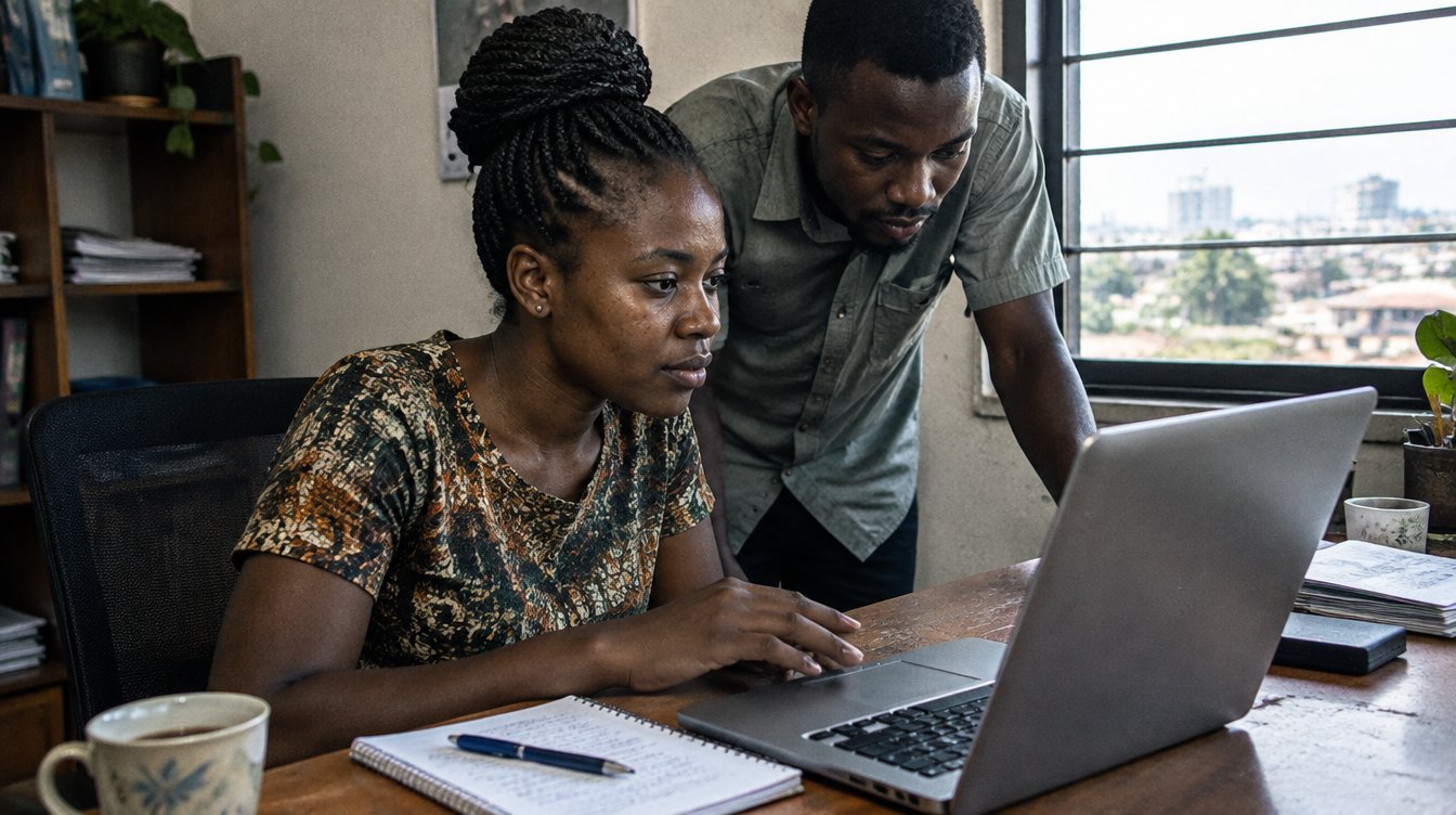 A young Ghanaian woman at a laptop in a small office in Accra, a colleague leaning in to look at the screen, notebook and tea on the desk, daylight from a window, focused and relaxed.