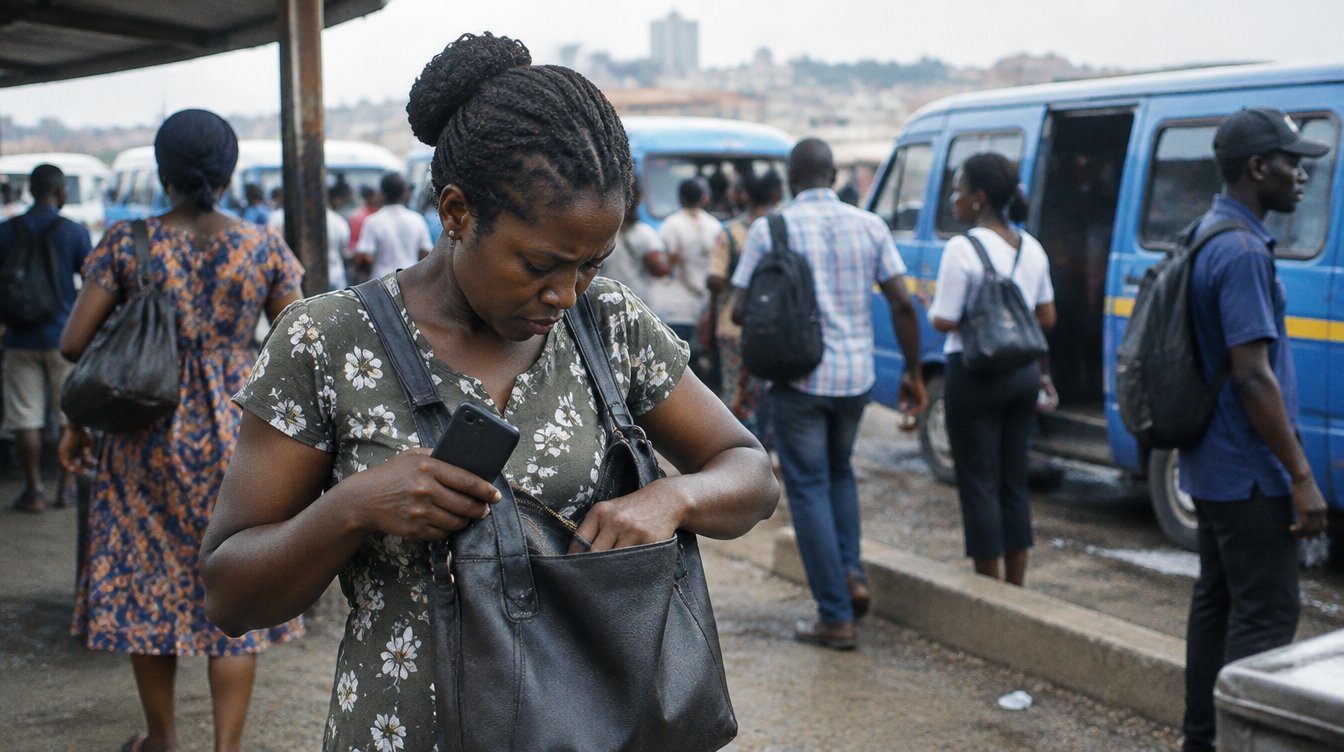 A Ghanaian woman standing at a busy trotro station in Accra, checking her handbag with a slightly worried look while holding her phone.