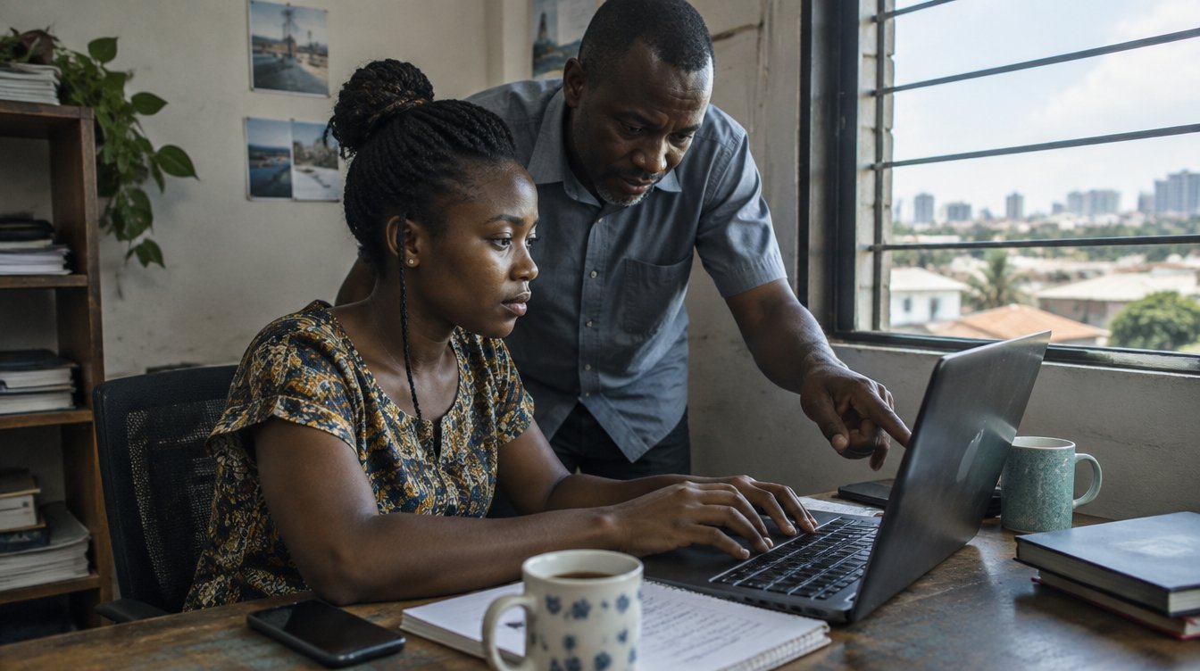 A small shared office in Accra, Ghana: a young Ghanaian woman sits at a laptop by a window, typing a question, while an older Ghanaian colleague leans over her shoulder pointing at the screen, both relaxed and focused.