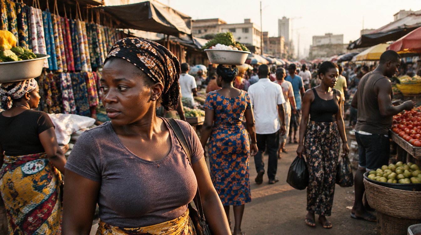A busy street market in Accra, Ghana, people walking past stalls of fabric and produce, a woman in the foreground glancing to the side, faces natural and unposed, warm late-afternoon light.