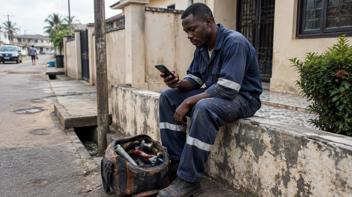 A Ghanaian plumber in work clothes sitting on a low wall outside a house in an Accra neighbourhood, reading a message on his phone, toolbag at his feet.