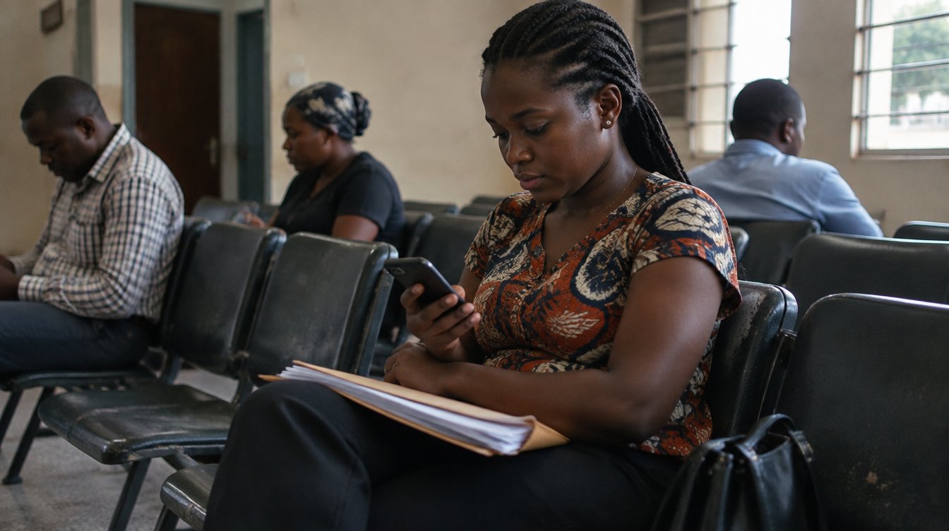 A young Ghanaian woman sitting in a quiet waiting area of an office in Accra, holding a folder of documents on her lap and looking at her phone, other people seated in the background, soft natural light.