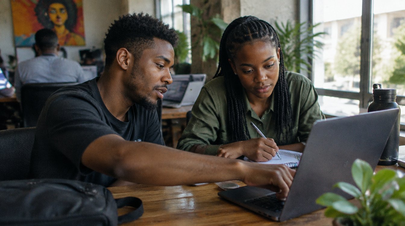 Two young Ghanaian developers working together at a shared desk in a co-working space in Accra, one pointing at a laptop while the other takes notes, plants and natural light, relaxed and focused.