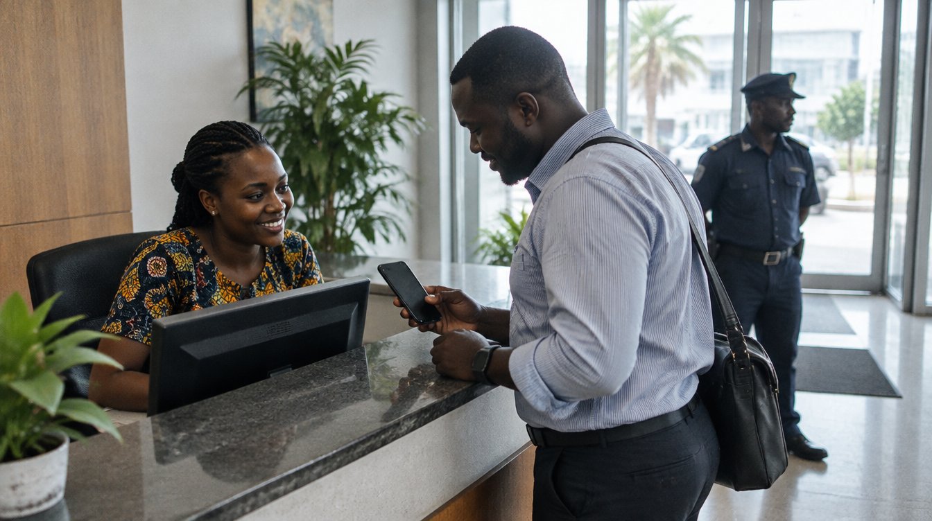 The reception desk of a modern office in Accra, Ghana: a Ghanaian receptionist smiles as she greets a visiting businessman who shows her his phone, a security guard in uniform standing nearby.