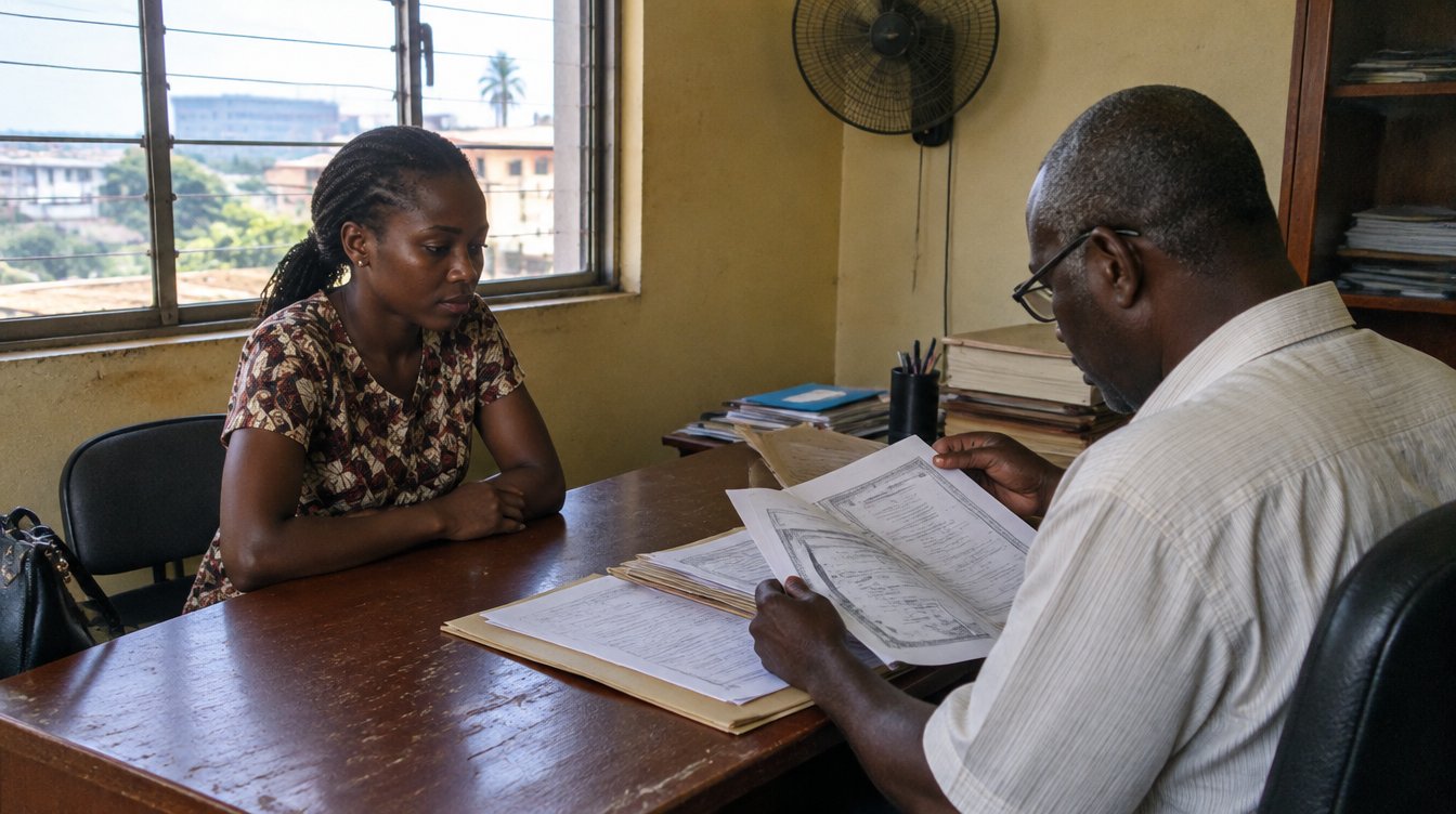 An office in Accra, Ghana: a young woman sits across a desk from an older man who is looking through a folder of photocopied certificates and letters, afternoon light from a window, a fan on the wall, warm and natural.