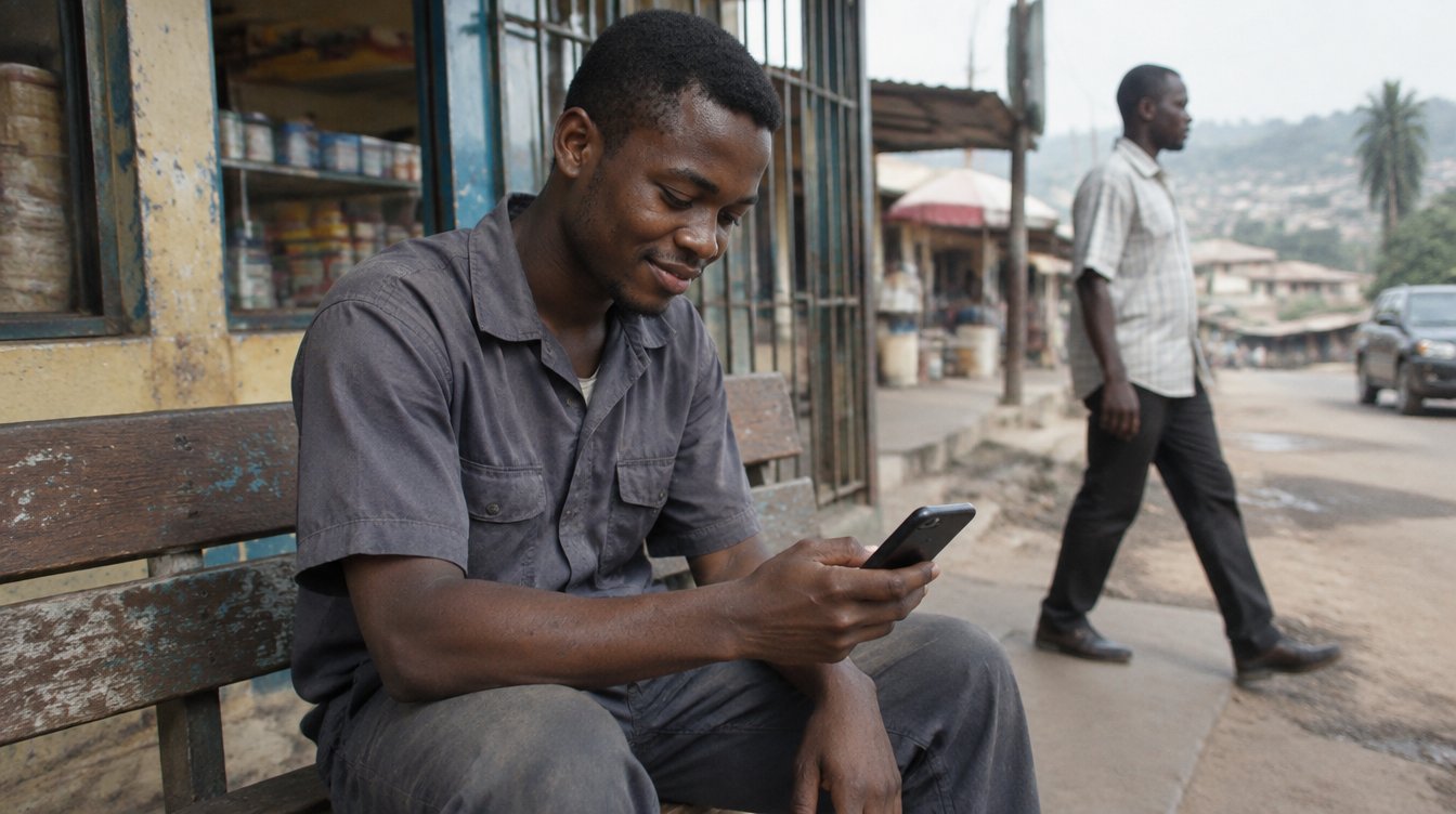 A young Ghanaian man in a work shirt sitting on a bench outside a shop in Kumasi, looking at his phone with a calm smile, a colleague walking past in the background, soft morning light.