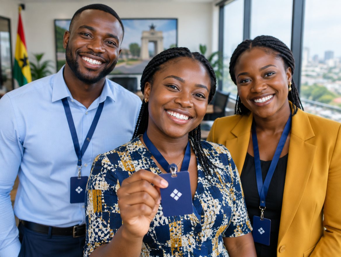 Three smiling staff members in their office, wearing their staff Voscards on lanyards; one holds hers up.