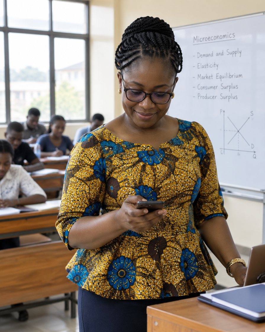 A lecturer in a blue and gold African print top smiles as she checks the class register on her phone, with students at their desks behind her.