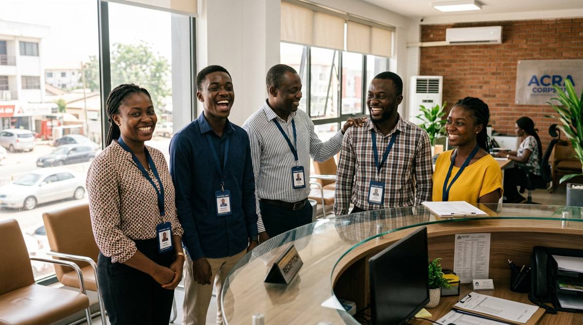 Five smiling colleagues at an office reception, each wearing a Voscard staff card on a blue lanyard.