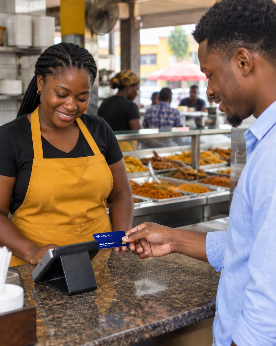 At a lunch spot counter, a customer holds his navy Voscard to the reader as the smiling owner looks down at the till screen.